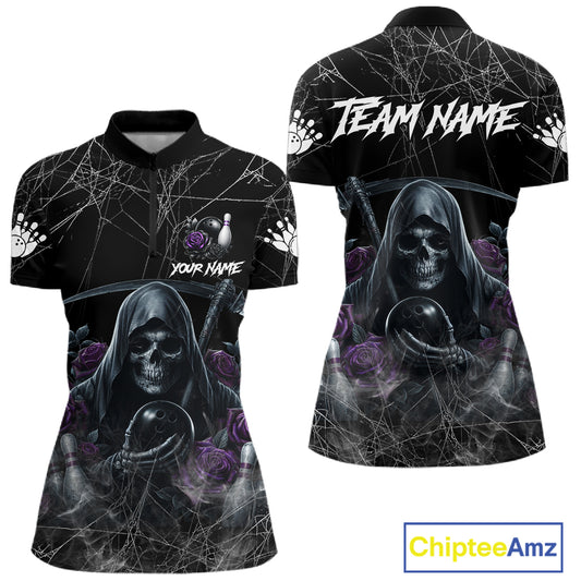 Grim Reaper And Roses Custom Bowling Shirt For Women, Bowling Team Jersey Polo & 1/4 Zip | Purple TDM7765