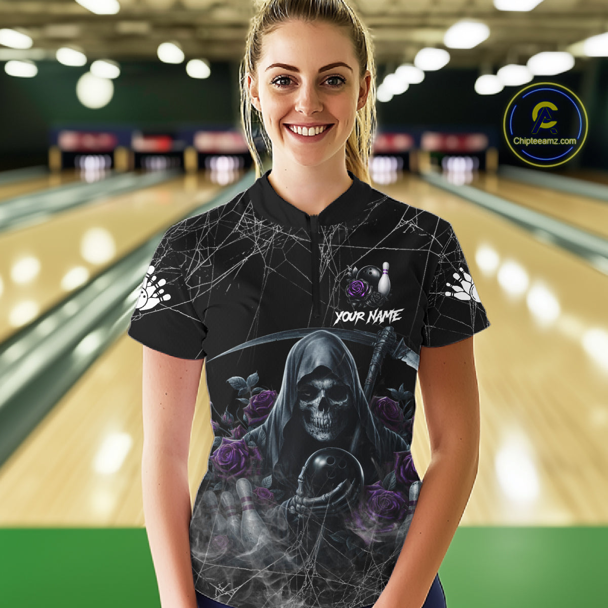 Grim Reaper And Roses Custom Bowling Shirt For Women, Bowling Team Jersey Polo & 1/4 Zip | Purple TDM7765