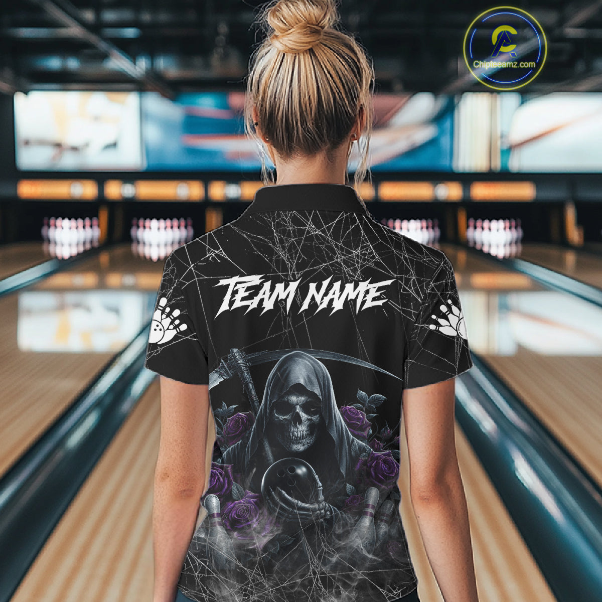 Grim Reaper And Roses Custom Bowling Shirt For Women, Bowling Team Jersey Polo & 1/4 Zip | Purple TDM7765