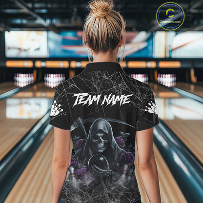 Grim Reaper And Roses Custom Bowling Shirt For Women, Bowling Team Jersey Polo & 1/4 Zip | Purple TDM7765