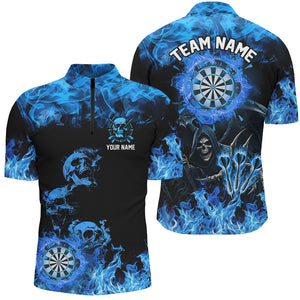 Fire Flame Darts Board Custom Skull Dart Shirts For Men, Death Skeleton Scary Dart Jerseys | Blue TDM2903