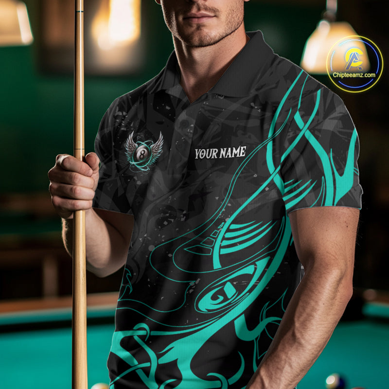 Black And Teal 8 Ball Wings Billiard Shirt For Men Custom Tribal Pool Jersey Team Polo & 1/4 Zip TDM8095