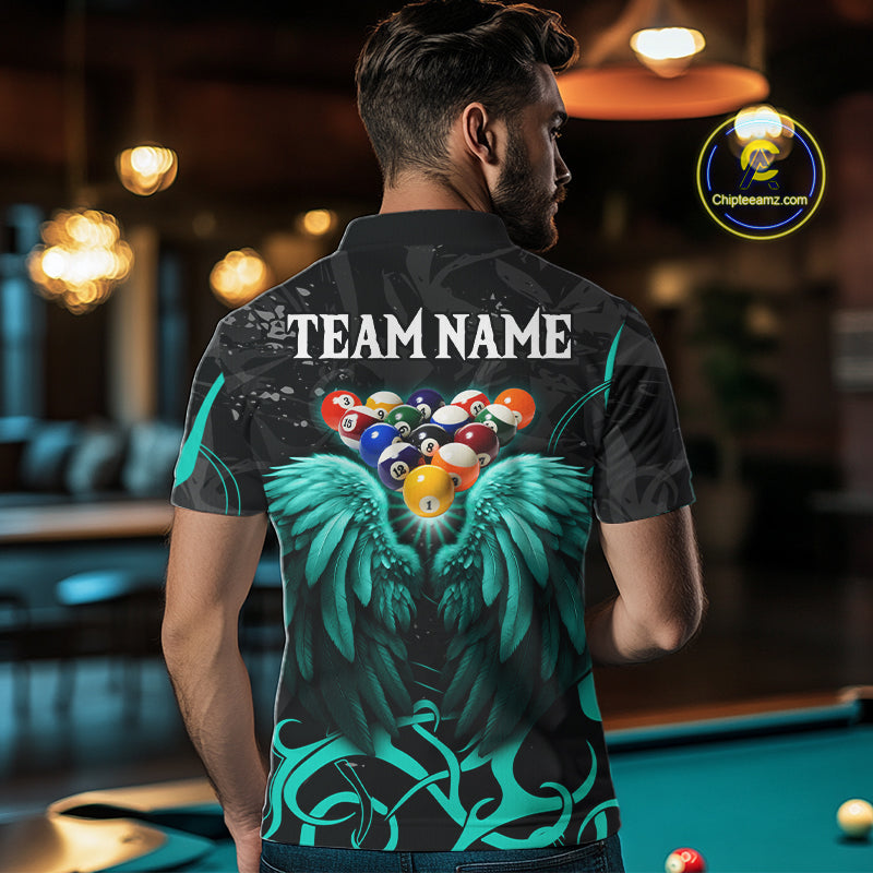Black And Teal 8 Ball Wings Billiard Shirt For Men Custom Tribal Pool Jersey Team Polo & 1/4 Zip TDM8095