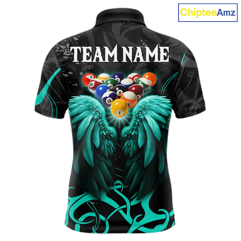 Black And Teal 8 Ball Wings Billiard Shirt For Men Custom Tribal Pool Jersey Team Polo & 1/4 Zip TDM8095