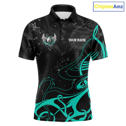 Black And Teal 8 Ball Wings Billiard Shirt For Men Custom Tribal Pool Jersey Team Polo & 1/4 Zip TDM8095