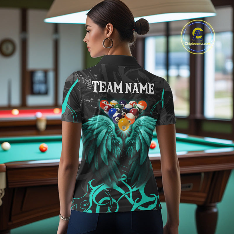 Black And Teal 8 Ball Wings Billiard Shirt For Women Custom Tribal Pool Jersey Team Polo & 1/4 Zip TDM8095