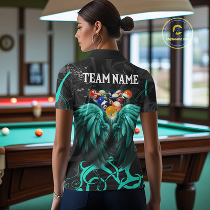 Black And Teal 8 Ball Wings Billiard Shirt For Women Custom Tribal Pool Jersey Team Polo & 1/4 Zip TDM8095