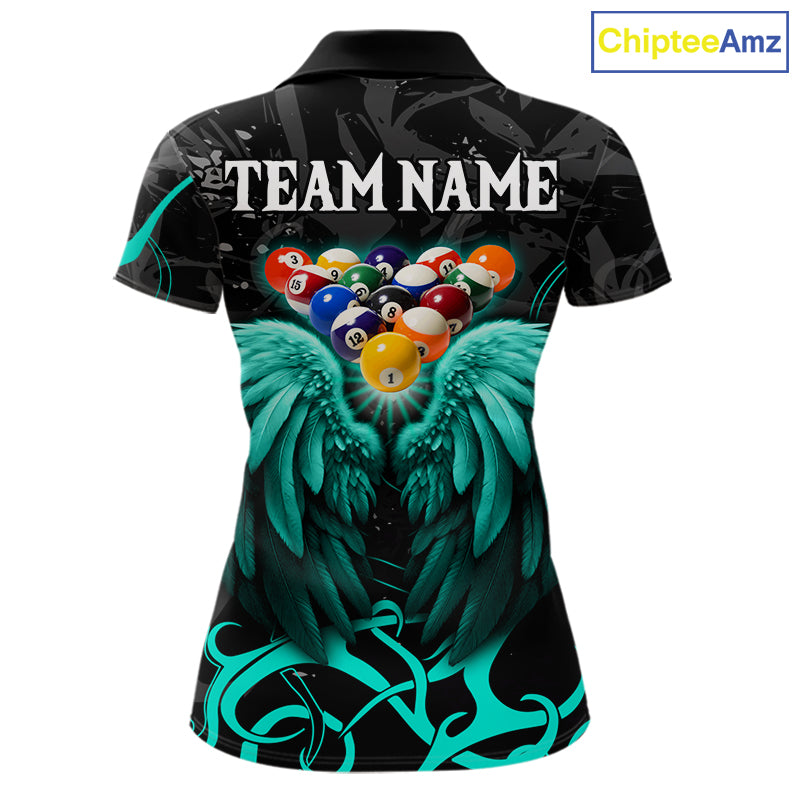 Black And Teal 8 Ball Wings Billiard Shirt For Women Custom Tribal Pool Jersey Team Polo & 1/4 Zip TDM8095