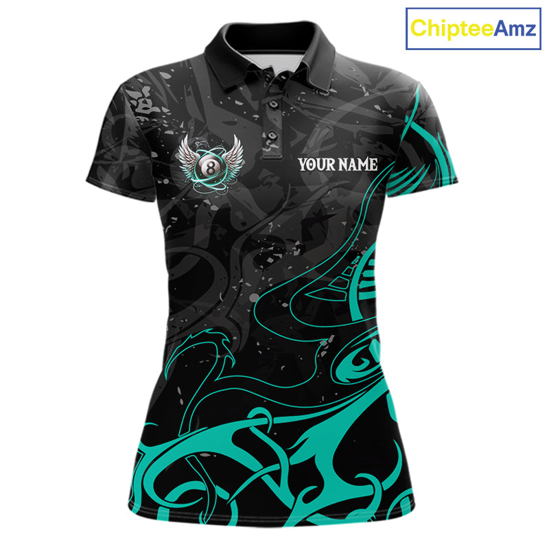 Black And Teal 8 Ball Wings Billiard Shirt For Women Custom Tribal Pool Jersey Team Polo & 1/4 Zip TDM8095