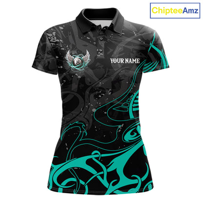 Black And Teal 8 Ball Wings Billiard Shirt For Women Custom Tribal Pool Jersey Team Polo & 1/4 Zip TDM8095
