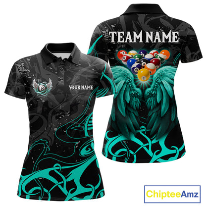 Black And Teal 8 Ball Wings Billiard Shirt For Women Custom Tribal Pool Jersey Team Polo & 1/4 Zip TDM8095