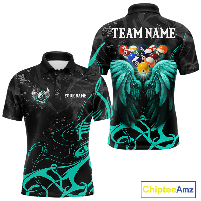 Black And Teal 8 Ball Wings Billiard Shirt For Men Custom Tribal Pool Jersey Team Polo & 1/4 Zip TDM8095