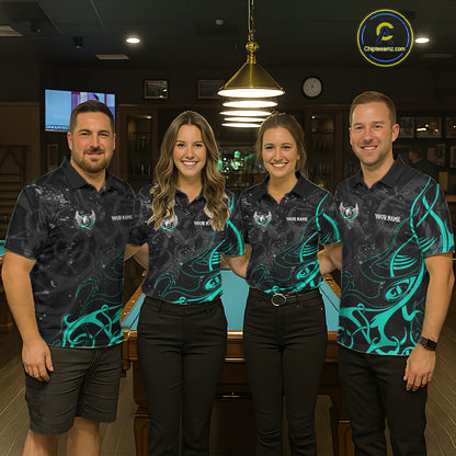 Black And Teal 8 Ball Wings Billiard Shirt For Men Custom Tribal Pool Jersey Team Polo & 1/4 Zip TDM8095