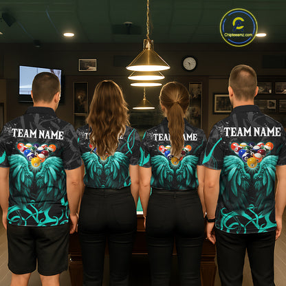 Black And Teal 8 Ball Wings Billiard Shirt For Men Custom Tribal Pool Jersey Team Polo & 1/4 Zip TDM8095