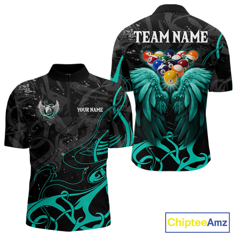 Black And Teal 8 Ball Wings Billiard Shirt For Men Custom Tribal Pool Jersey Team Polo & 1/4 Zip TDM8095