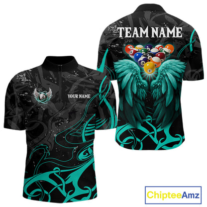 Black And Teal 8 Ball Wings Billiard Shirt For Men Custom Tribal Pool Jersey Team Polo & 1/4 Zip TDM8095