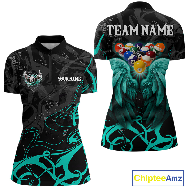 Black And Teal 8 Ball Wings Billiard Shirt For Women Custom Tribal Pool Jersey Team Polo & 1/4 Zip TDM8095