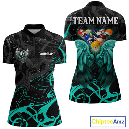 Black And Teal 8 Ball Wings Billiard Shirt For Women Custom Tribal Pool Jersey Team Polo & 1/4 Zip TDM8095
