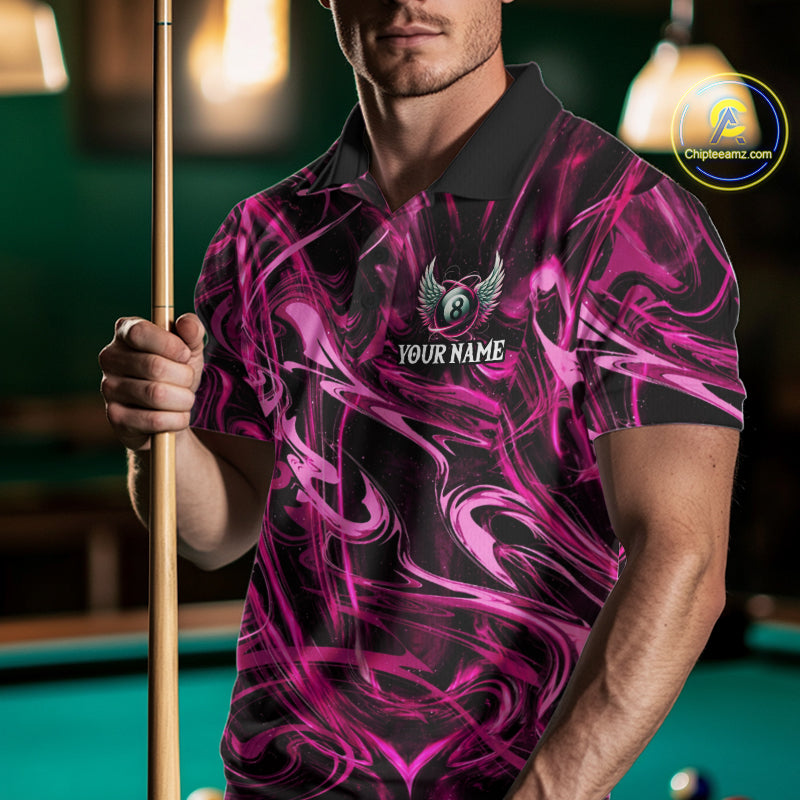 Custom Pink Liquid Swirl 8 Ball Wings Billiard Shirts For Men, Pool Team Jersey Polo & 1/4 Zip TDM8096