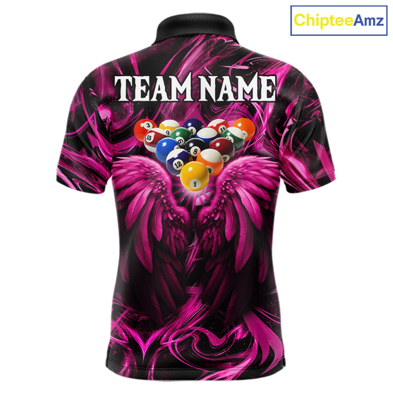 Custom Pink Liquid Swirl 8 Ball Wings Billiard Shirts For Men, Pool Team Jersey Polo & 1/4 Zip TDM8096
