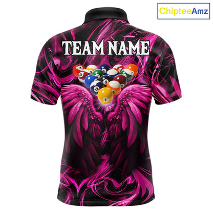 Custom Pink Liquid Swirl 8 Ball Wings Billiard Shirts For Men, Pool Team Jersey Polo & 1/4 Zip TDM8096