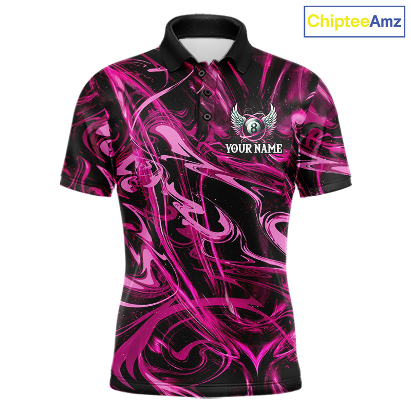 Custom Pink Liquid Swirl 8 Ball Wings Billiard Shirts For Men, Pool Team Jersey Polo & 1/4 Zip TDM8096