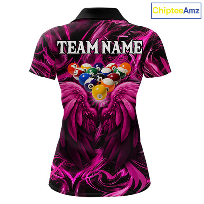 Custom Pink Liquid Swirl 8 Ball Wings Billiard Shirts For Women, Pool Team Jersey Polo & 1/4 Zip TDM8096