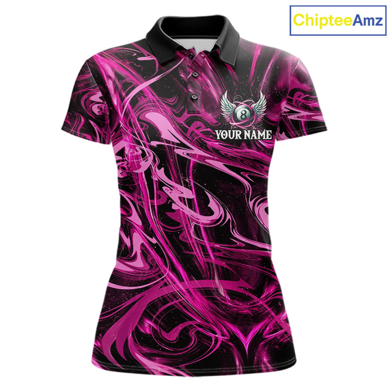 Custom Pink Liquid Swirl 8 Ball Wings Billiard Shirts For Women, Pool Team Jersey Polo & 1/4 Zip TDM8096