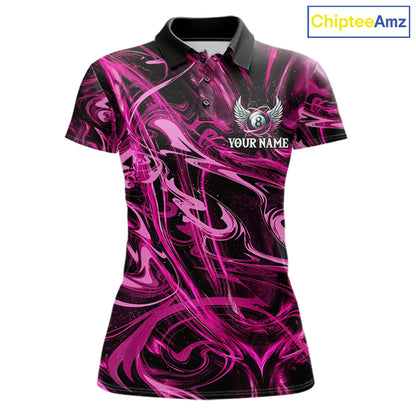 Custom Pink Liquid Swirl 8 Ball Wings Billiard Shirts For Women, Pool Team Jersey Polo & 1/4 Zip TDM8096
