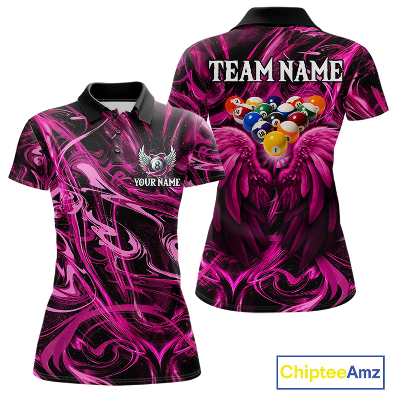 Custom Pink Liquid Swirl 8 Ball Wings Billiard Shirts For Women, Pool Team Jersey Polo & 1/4 Zip TDM8096