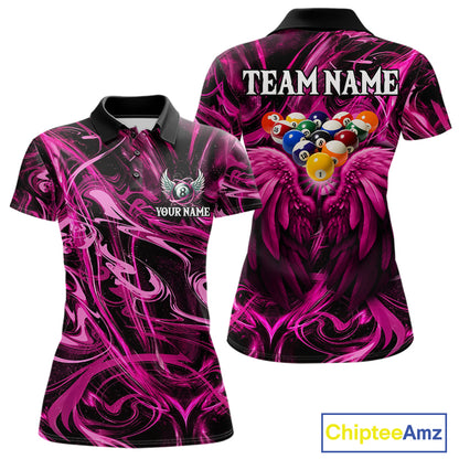 Custom Pink Liquid Swirl 8 Ball Wings Billiard Shirts For Women, Pool Team Jersey Polo & 1/4 Zip TDM8096
