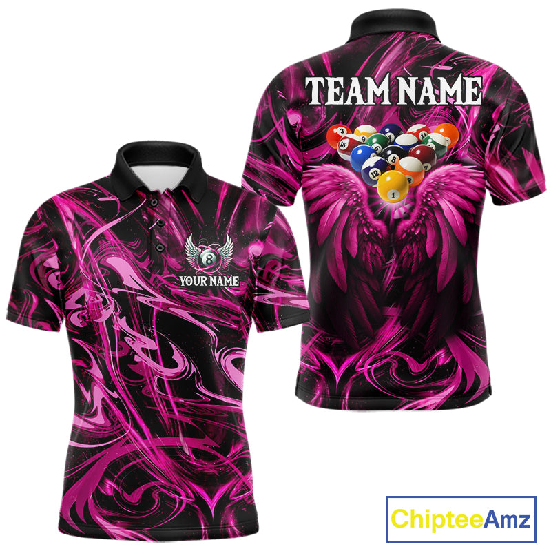 Custom Pink Liquid Swirl 8 Ball Wings Billiard Shirts For Men, Pool Team Jersey Polo & 1/4 Zip TDM8096