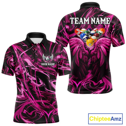 Custom Pink Liquid Swirl 8 Ball Wings Billiard Shirts For Men, Pool Team Jersey Polo & 1/4 Zip TDM8096
