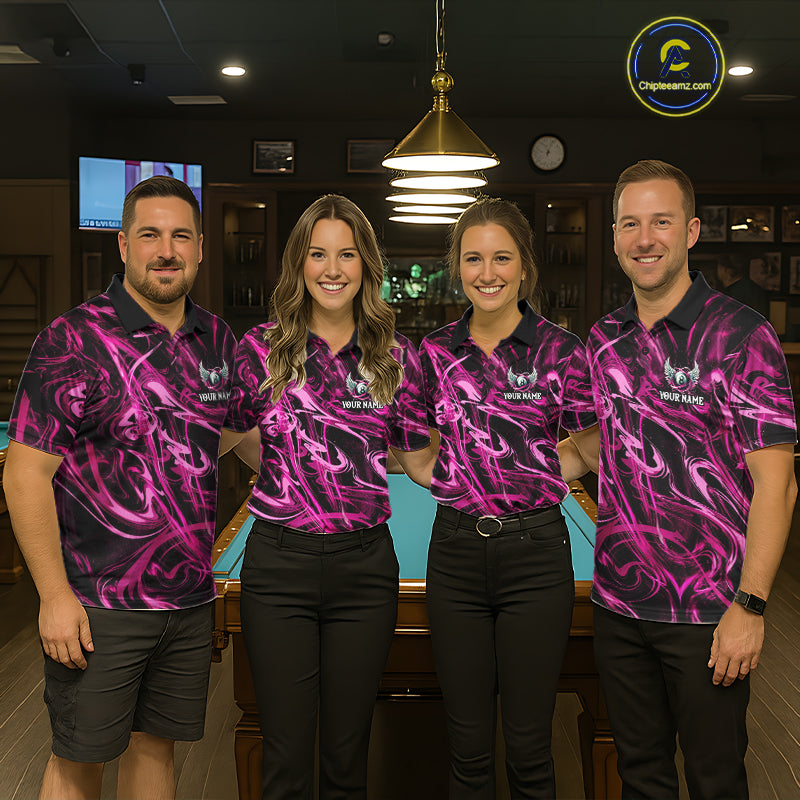 Custom Pink Liquid Swirl 8 Ball Wings Billiard Shirts For Men, Pool Team Jersey Polo & 1/4 Zip TDM8096