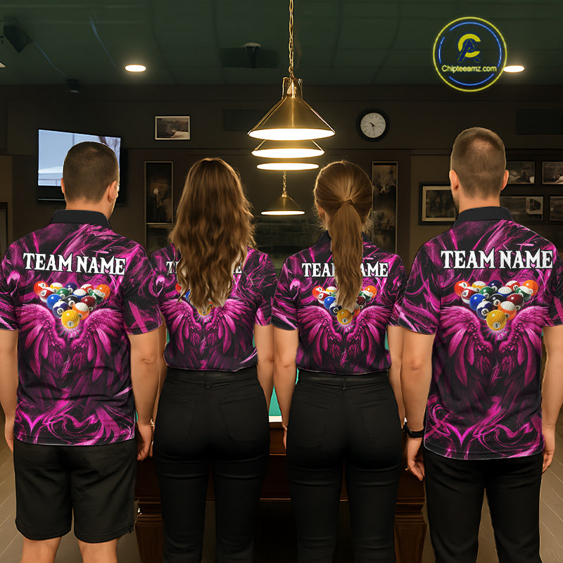 Custom Pink Liquid Swirl 8 Ball Wings Billiard Shirts For Men, Pool Team Jersey Polo & 1/4 Zip TDM8096
