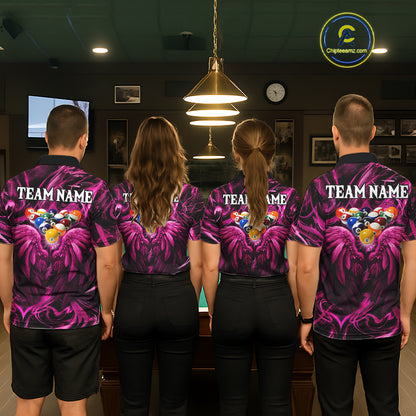 Custom Pink Liquid Swirl 8 Ball Wings Billiard Shirts For Men, Pool Team Jersey Polo & 1/4 Zip TDM8096