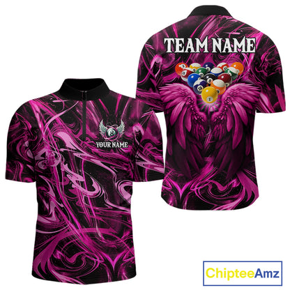 Custom Pink Liquid Swirl 8 Ball Wings Billiard Shirts For Men, Pool Team Jersey Polo & 1/4 Zip TDM8096