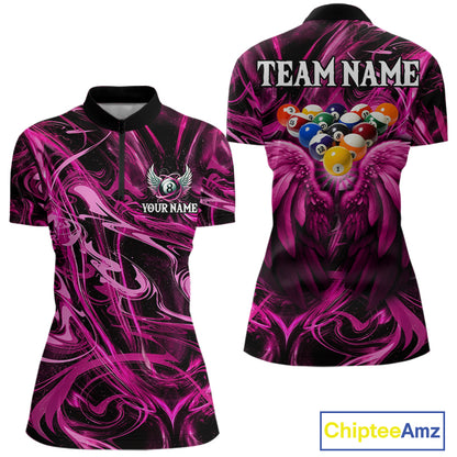 Custom Pink Liquid Swirl 8 Ball Wings Billiard Shirts For Women, Pool Team Jersey Polo & 1/4 Zip TDM8096