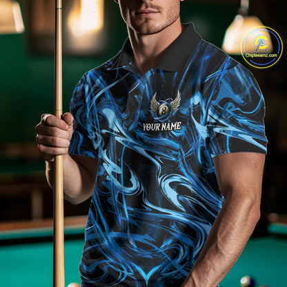 Custom Blue Liquid Swirl 8 Ball Wings Billiard Shirts For Men, Pool Team Jersey Polo & 1/4 Zip TDM8097