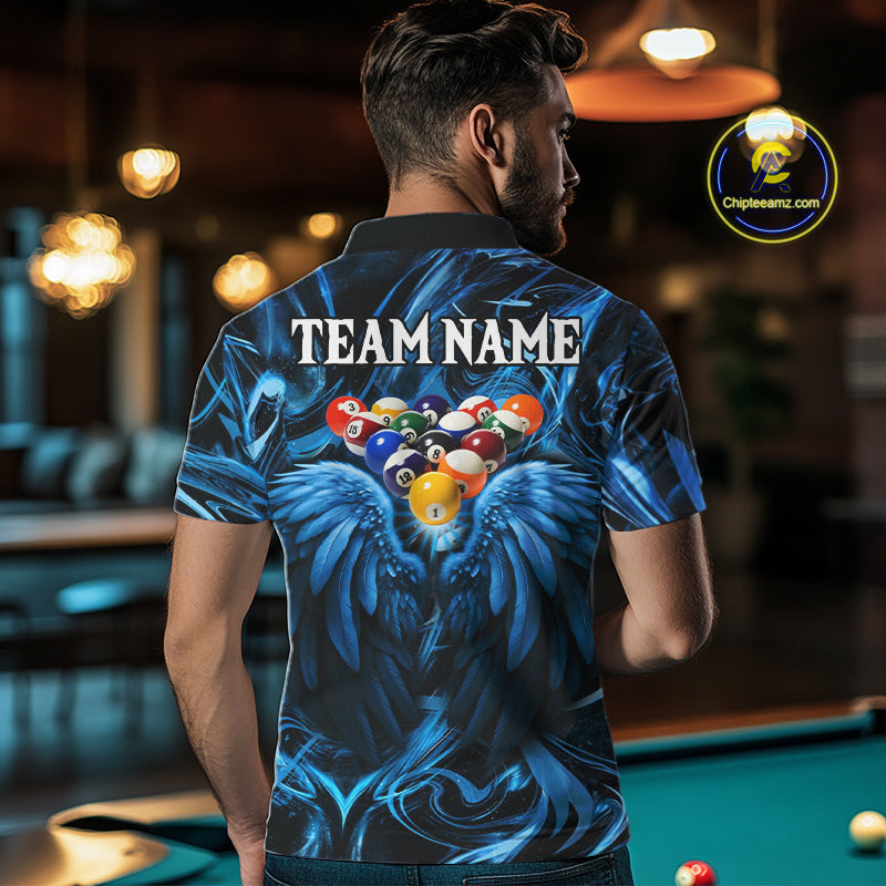 Custom Blue Liquid Swirl 8 Ball Wings Billiard Shirts For Men, Pool Team Jersey Polo & 1/4 Zip TDM8097