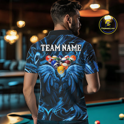 Custom Blue Liquid Swirl 8 Ball Wings Billiard Shirts For Men, Pool Team Jersey Polo & 1/4 Zip TDM8097
