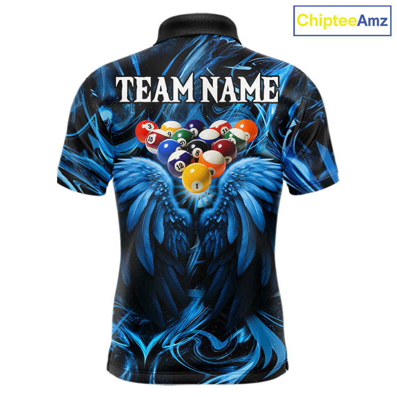 Custom Blue Liquid Swirl 8 Ball Wings Billiard Shirts For Men, Pool Team Jersey Polo & 1/4 Zip TDM8097