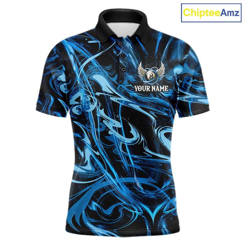 Custom Blue Liquid Swirl 8 Ball Wings Billiard Shirts For Men, Pool Team Jersey Polo & 1/4 Zip TDM8097