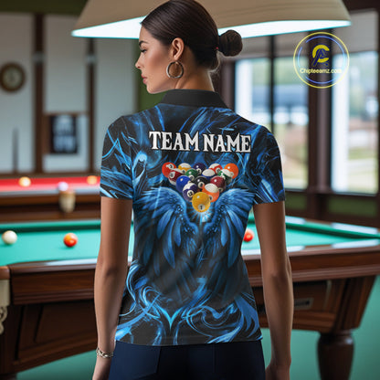Custom Blue Liquid Swirl 8 Ball Wings Billiard Shirts For Women, Pool Team Jersey Polo & 1/4 Zip TDM8097