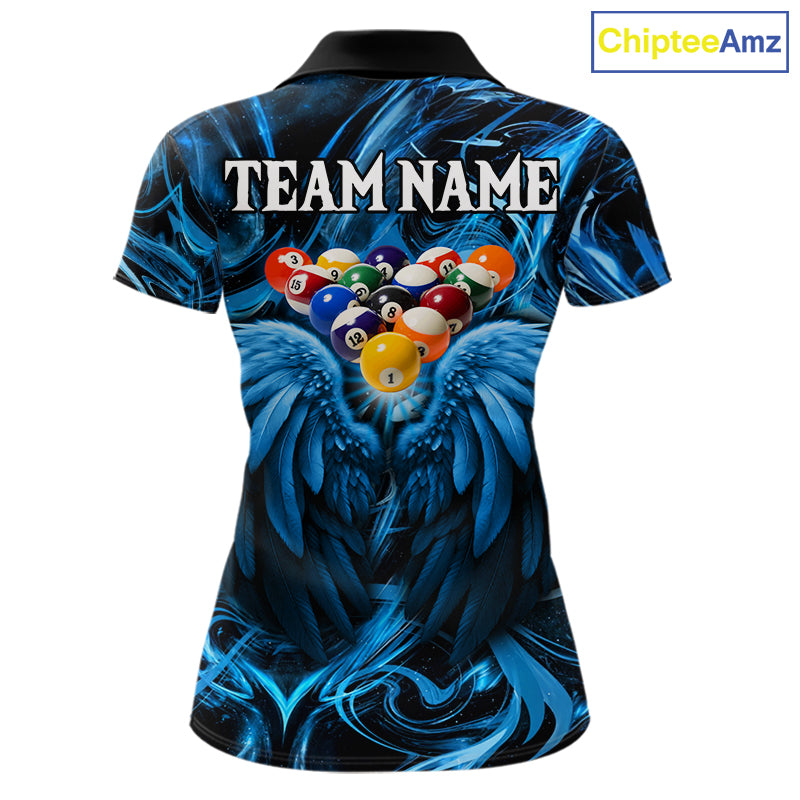 Custom Blue Liquid Swirl 8 Ball Wings Billiard Shirts For Women, Pool Team Jersey Polo & 1/4 Zip TDM8097
