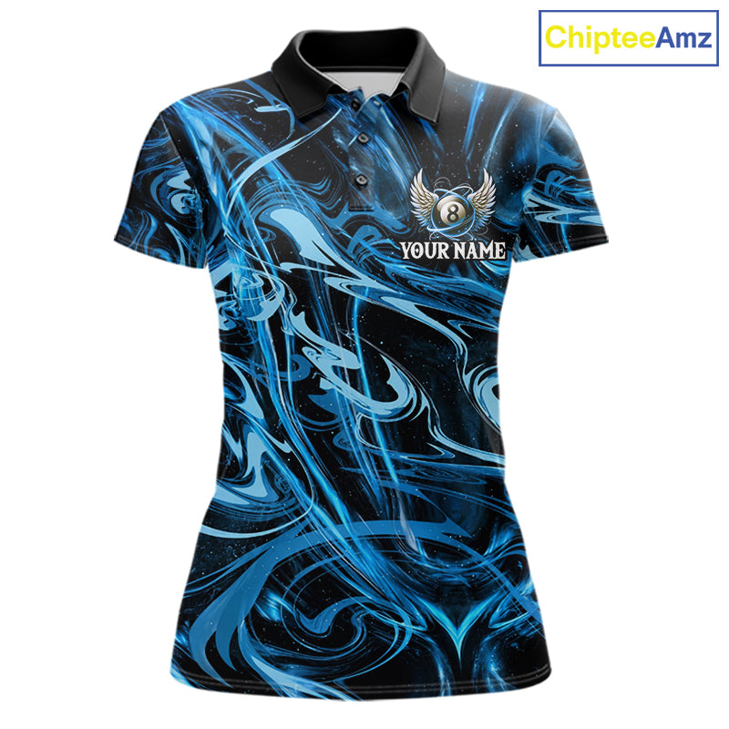 Custom Blue Liquid Swirl 8 Ball Wings Billiard Shirts For Women, Pool Team Jersey Polo & 1/4 Zip TDM8097