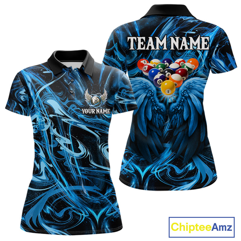 Custom Blue Liquid Swirl 8 Ball Wings Billiard Shirts For Women, Pool Team Jersey Polo & 1/4 Zip TDM8097