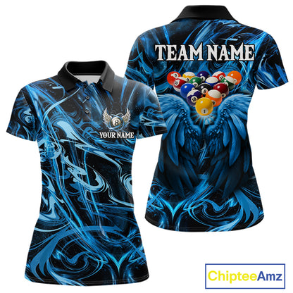 Custom Blue Liquid Swirl 8 Ball Wings Billiard Shirts For Women, Pool Team Jersey Polo & 1/4 Zip TDM8097