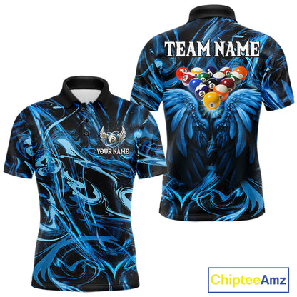 Custom Blue Liquid Swirl 8 Ball Wings Billiard Shirts For Men, Pool Team Jersey Polo & 1/4 Zip TDM8097