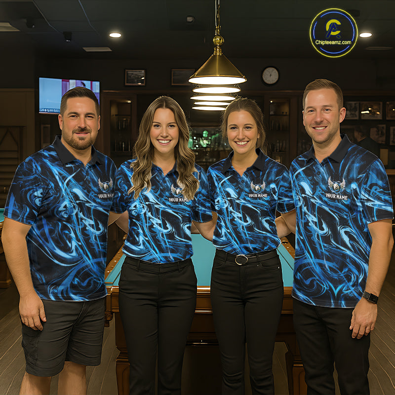 Custom Blue Liquid Swirl 8 Ball Wings Billiard Shirts For Women, Pool Team Jersey Polo & 1/4 Zip TDM8097
